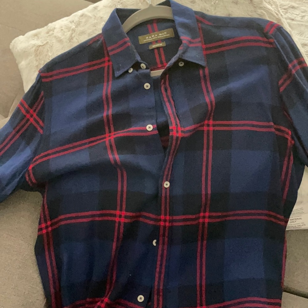Zara Blue and Red Plaid Dress Shirt